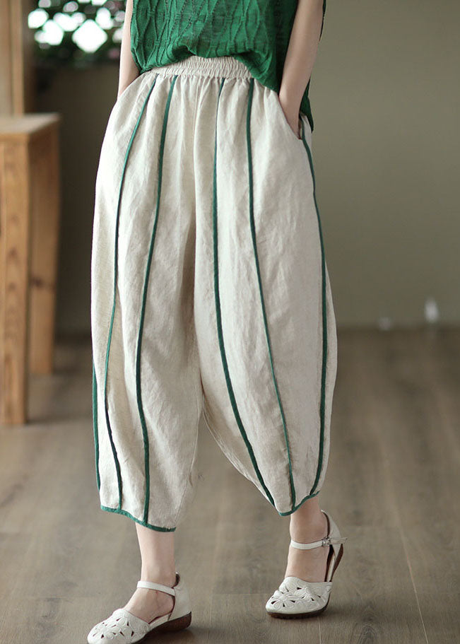 Mae® | White Patchwork Linen Harem Pants Pockets Striped Summer