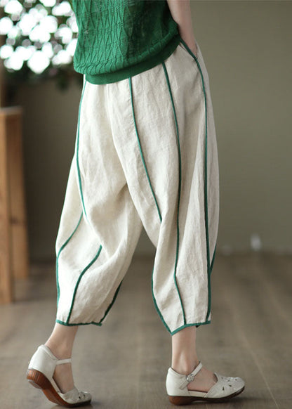 Mae® | White Patchwork Linen Harem Pants Pockets Striped Summer