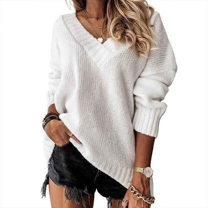 White-Womens-Long-Sleeve-V-Neck-Pullover-Tops-Oversized-Chunky-Knitted-Loose-Jumper-Sweaters-K180