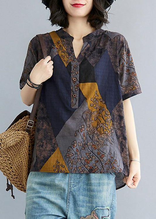 Women Blue Yellow V Neck Cotton Linen Blouse Tops Summer - SooLinen