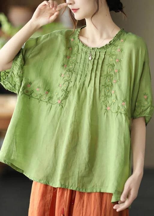 Women Green Floral Draped Ramie O-neck Embroidered Split T-shirt GK-HTP210709