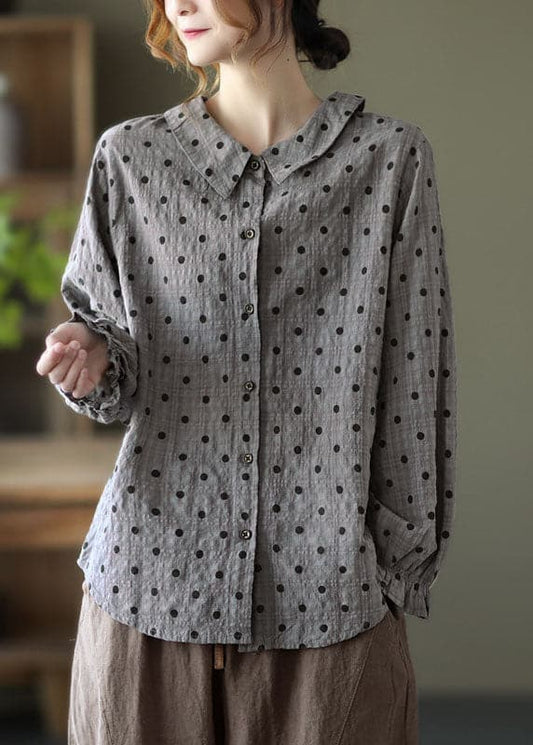 Women Grey Button Ruffled Dot Fall Shirt Tops Long sleeve GK-LTP210910