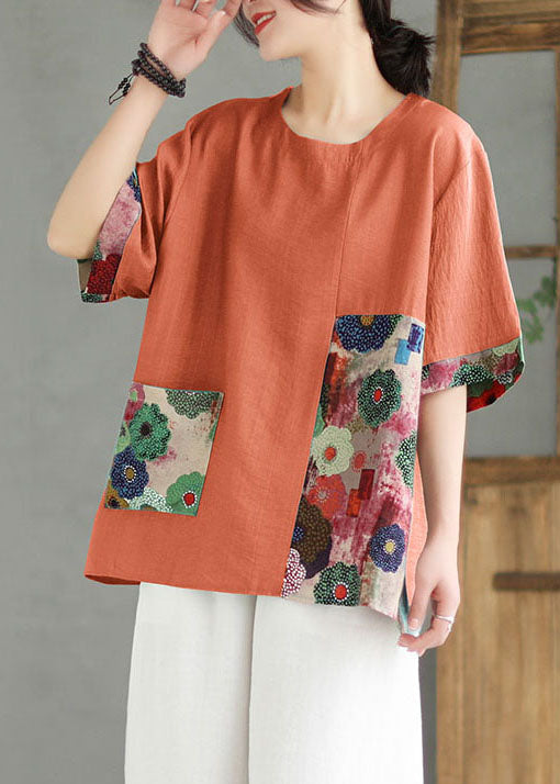 Elodie® | Women Orange O Neck Print Patchwork Linen T Shirt