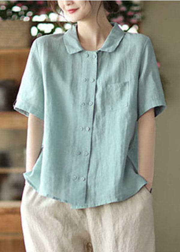 Women Solid Light Blue Double Breast Linen Shirt Tops Short Sleeve GK-STP220506