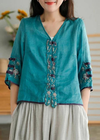 Women Yellow Casual Ramie Cardigan Embroidered Shirt - SooLinen