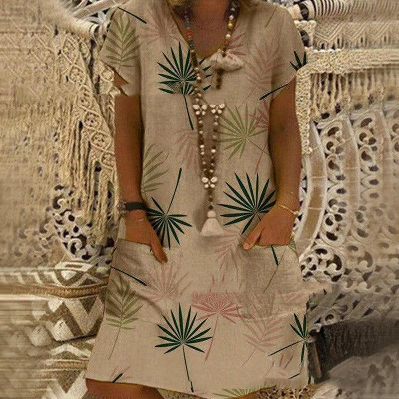 Women's Printed V-neck Short Sleeve Dress