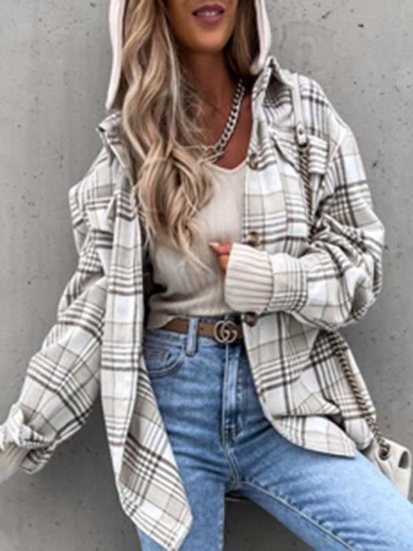 Wool Jackets- Plaid Flannel Hoodie Jacket - Wool Overcoat- - Pekosa Women Clothing