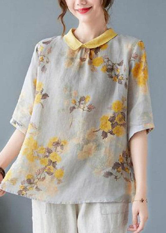 Yellow Peter Pan Collar Print Tops Half Sleeve GK-HTP220419