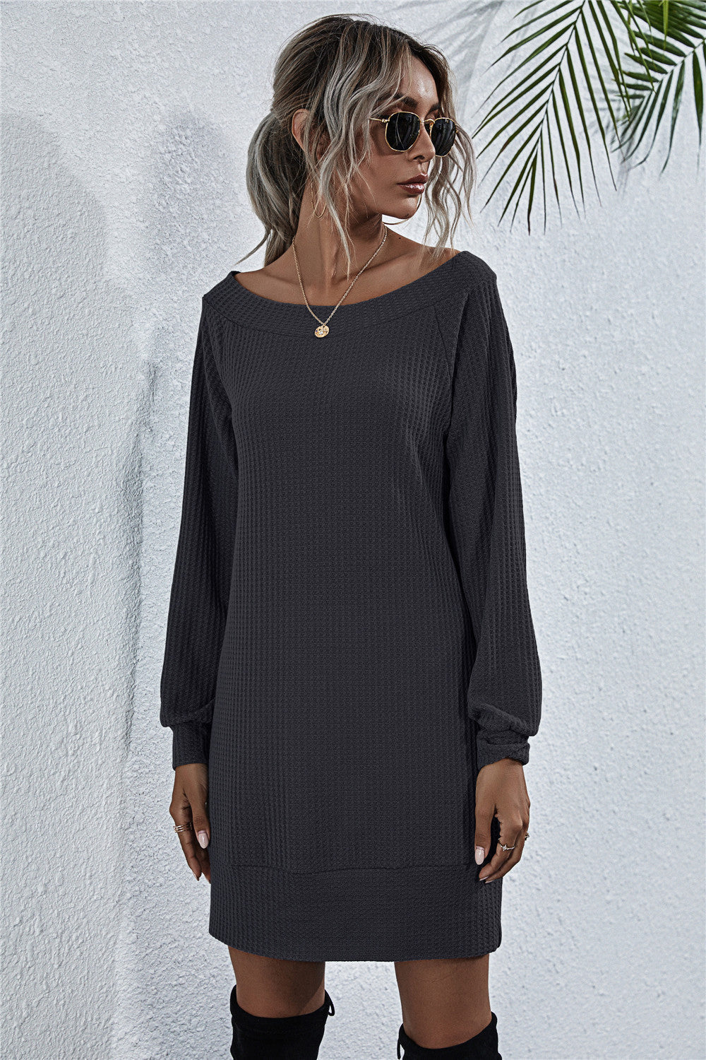 Dark Slate Gray Here For The View Waffle-Knit Boat Neck Mini Dress