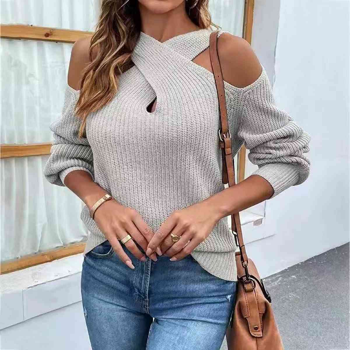 Crisscross Cold-Shoulder Sexy Sweater Heather Gray clothes long sleeve shirts long sleeve top Ship From Overseas Shipping Delay 10/01/2023 - 10/02/2023 shirt shirts sweater sweaters top tops Y*X