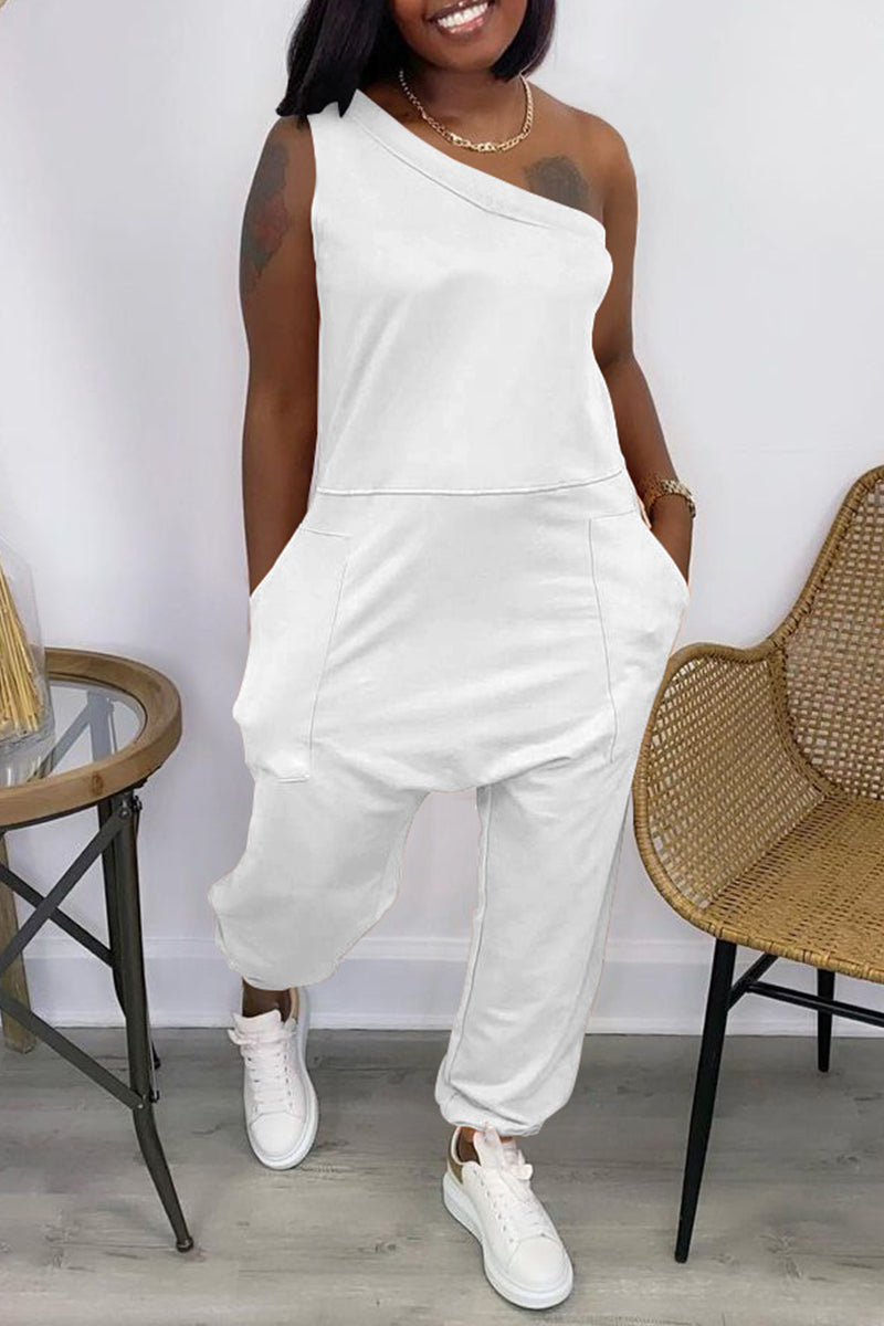 Sale-fashion-freeshipping-style-outfit-casual-solid-backless-one-shoulder-sleeveless-regular-jumpsuits