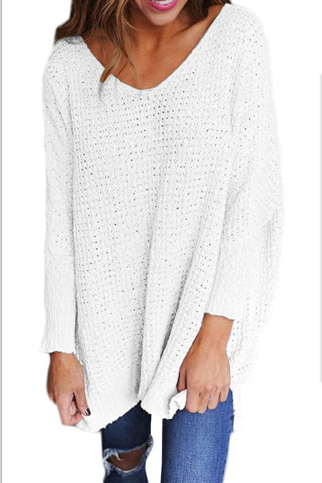 Solid Color V-neck Loose Long Pullover Sweater