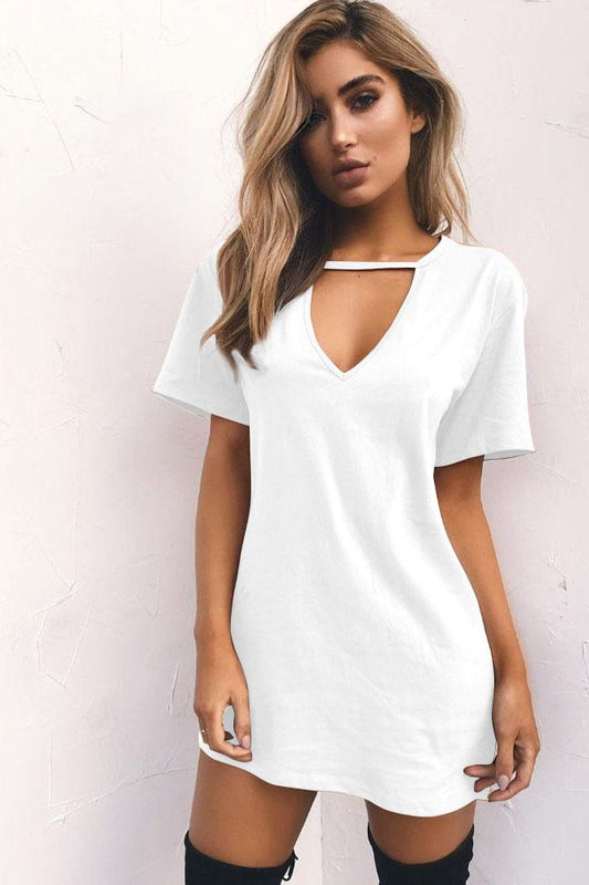 Candy Color Cut V-neck Short Sleeves Loose Short Dress