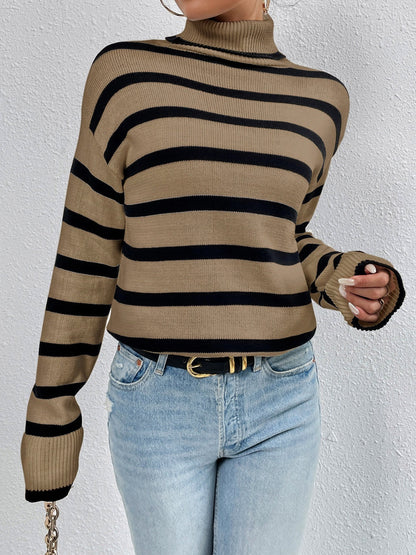 Striped Turtleneck Drop Shoulder Sweater Black clothes long sleeve shirt Ship From Overseas striped sweater sweater Yh