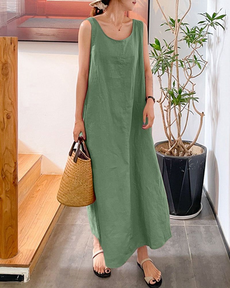 Sling Cotton Linen Long Dress Loose Pocket Round Neck Sleeveless Dress