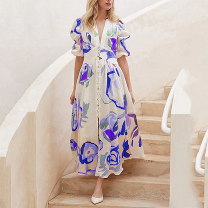 dresses  | Print Dresses For Women Summer V-neck Button Short Sleeve Dress | Rose |  L| thecurvestory.myshopify.com