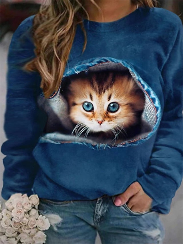 Women's Streetwear Casual Holiday Print White Royal Blue Blue Animal Cat Daily Crew Neck Plus Size Long Sleeve - LuckyFash™