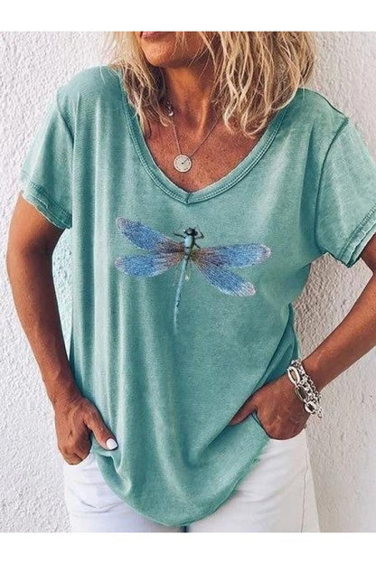 Joy|Casual V-Ausschnitt Kurzarm-T-Shirt mit Libellenmotiv