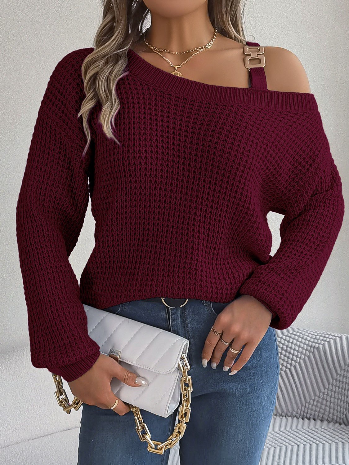 Asymmetrical Neck Long Sleeve Sweater - Admiresty