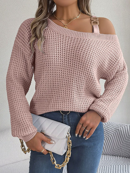 Asymmetrical Neck Long Sleeve Sweater - Admiresty