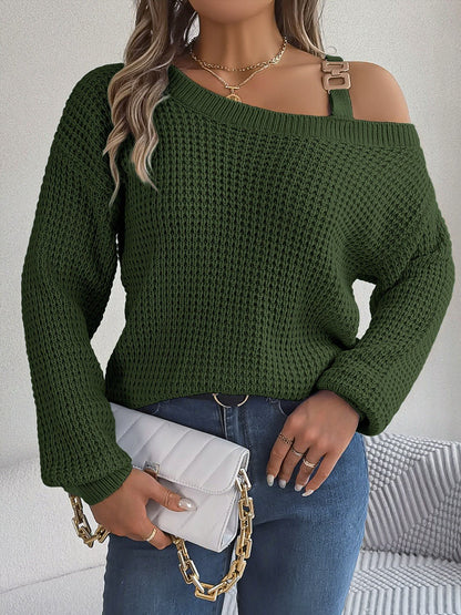 Asymmetrical Neck Long Sleeve Sweater - Admiresty