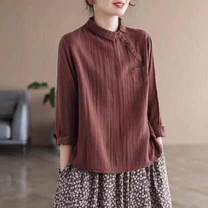 Autumn Retro Pleated Solid Linen Blouse