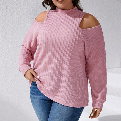 Pink Knitted Turtleneck Off the Shoulder Top for Women - Plus Size Off the Shoulder Tops