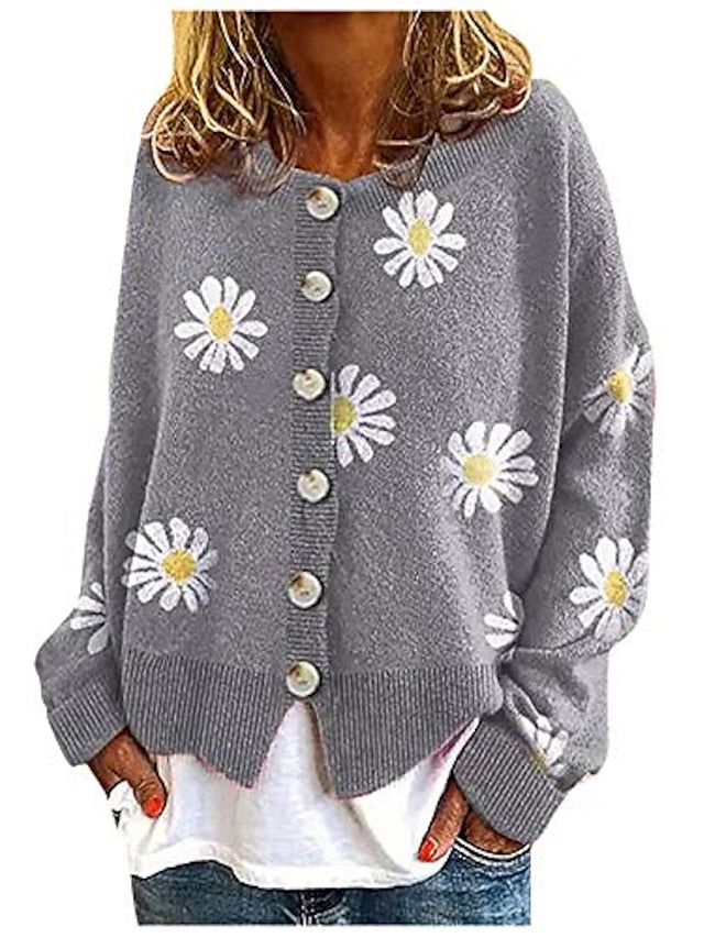 Women's Cardigan Knitted Button Print Floral Daisy Stylish Basic Casual Long Sleeve Regular Fit Sweater Cardigans Open Front Fall Winter Spring Blue Black Gray / Going out