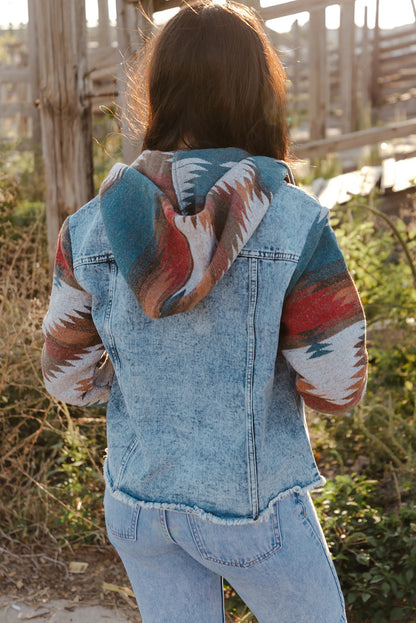 Aztec Print Frayed Hem Denim Jacket - jackets - Sunny Angela