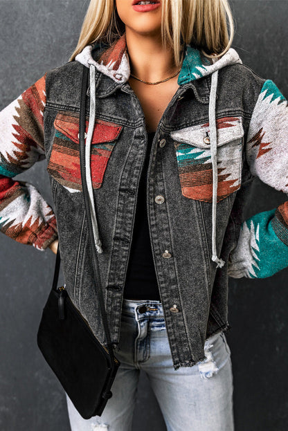 Aztec Print Frayed Hem Denim Jacket - jackets - Sunny Angela