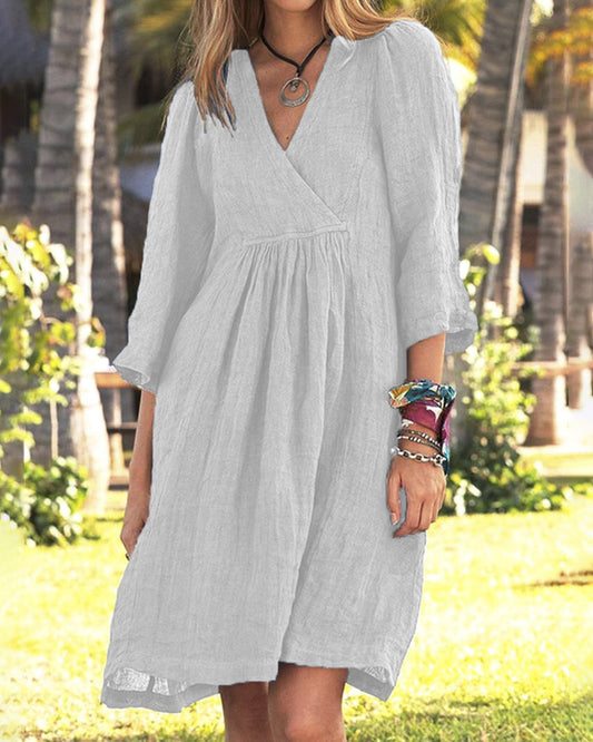 Solid Color Loose V Neck 3 4 Sleeve Loose Mid Linen Dress