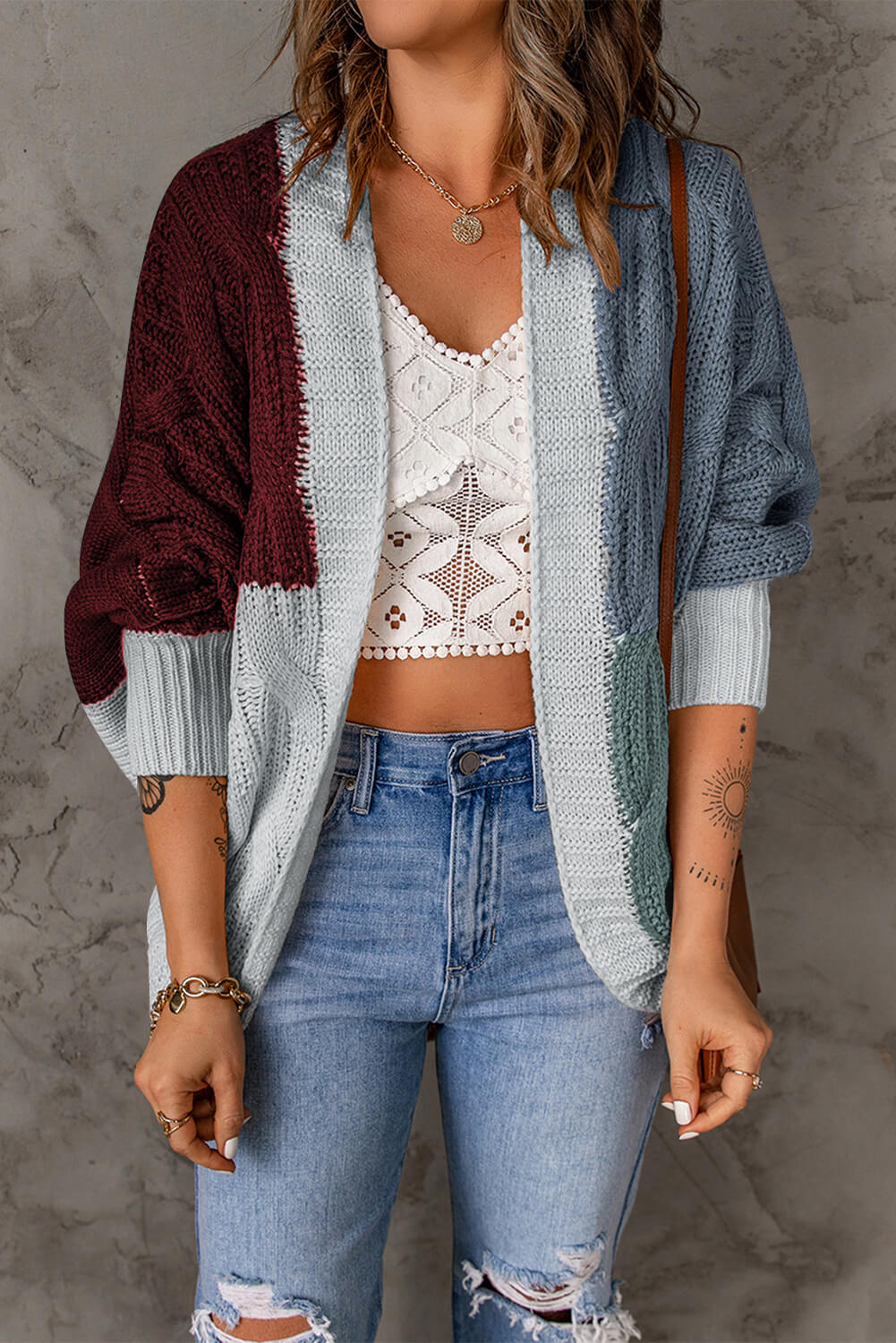 Woven Right Color Block Cable-Knit Batwing Sleeve Cardigan - TiffanyzKlozet