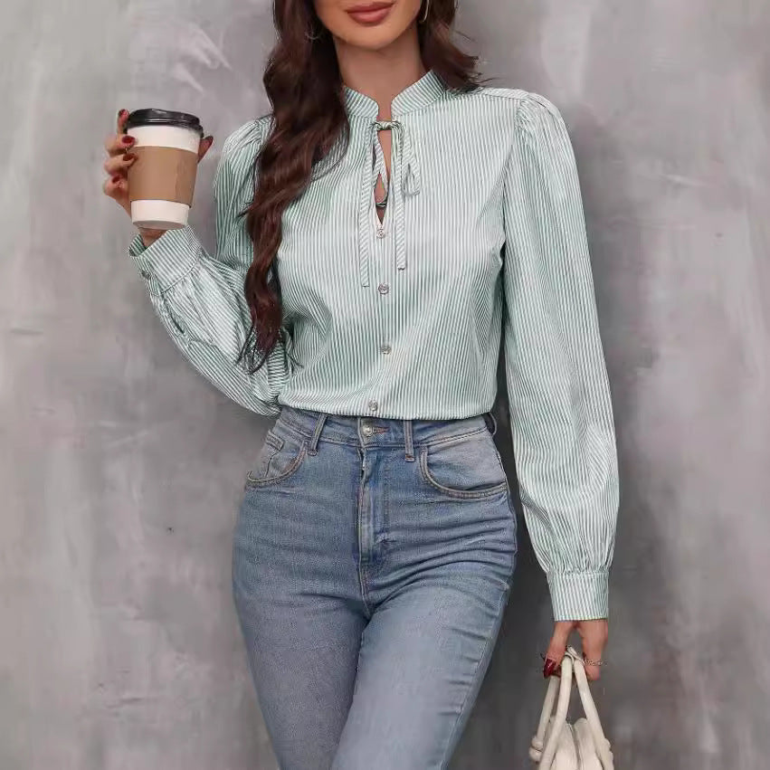 Women's V-Neck Striped Long Sleeve Blouse