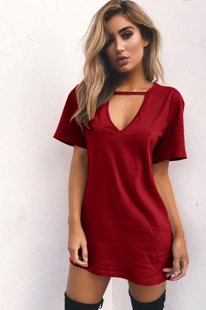 Candy Color Cut V-neck Short Sleeves Loose Short Dress