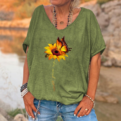 Dahlia® | Never Give Up Gedruckte Sonnenblume Damen-T-Shirt