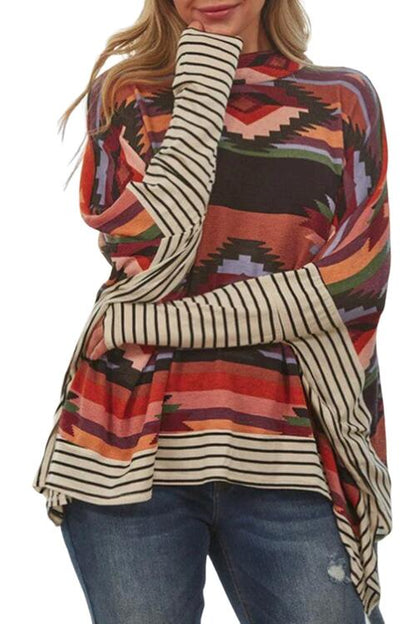 Geometric Striped Splicing Round Neck Blouse Shirts & Tops Krazy Heart Designs Boutique   