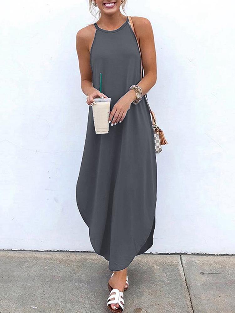 Women Sleeveless Straps High Low Hem Solid Causal Maxi Dress - MRSLM