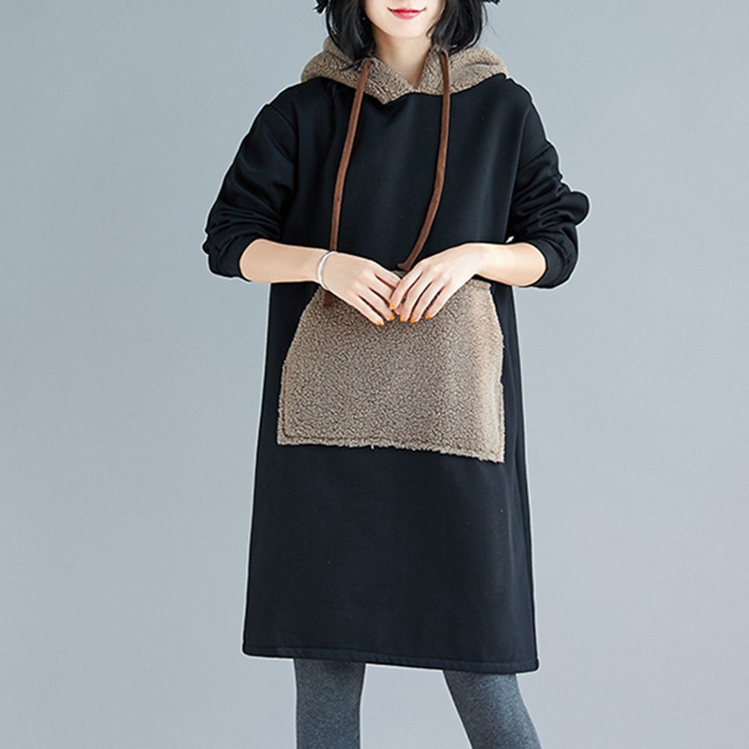 Babakud Color Block Cashmere Loose Casual Hooded Dress