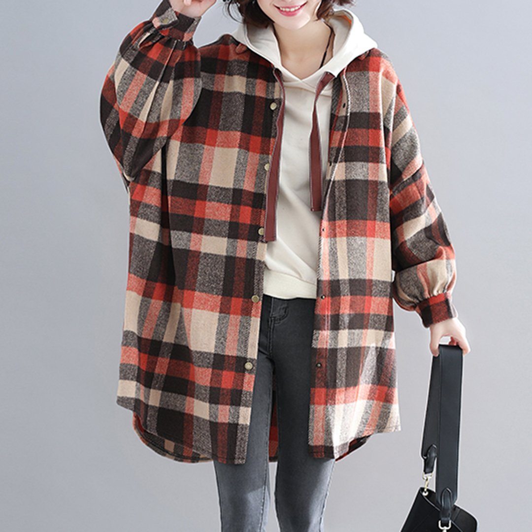 BABAKUD Plus Size Plaid Hooded Autumn Coat