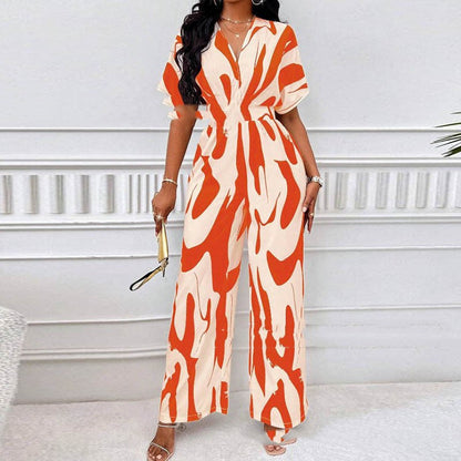 Jumpsuit  | Women Plus Size V-neck Loose Printed Long Jumpsuit | 2XL |  Green| thecurvestory.myshopify.com