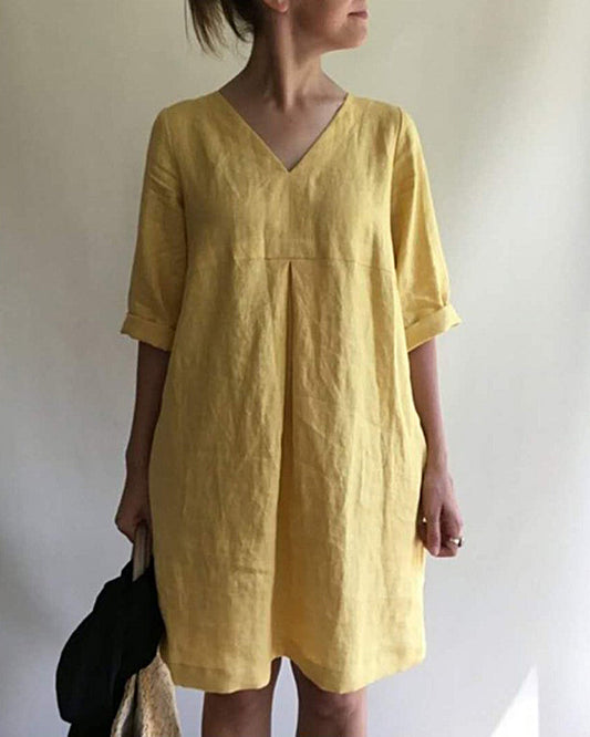 Casual Loose Short Sleeve V Neck Cotton Linen Dress