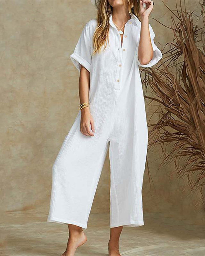 Short Sleeve V Neck Jumpsuit Button Down Turndown Collar Wide Leg Jumpsuit