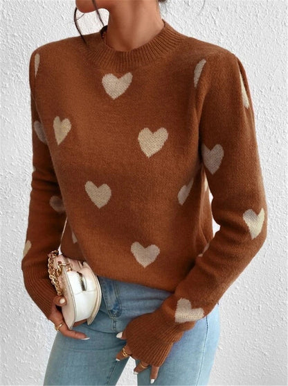 Women's Sweater Heart Pattern Sweater, Loose Round Neck Knitted Pullover Sweater loveyourmom Love Your Mom Bright Pink L 