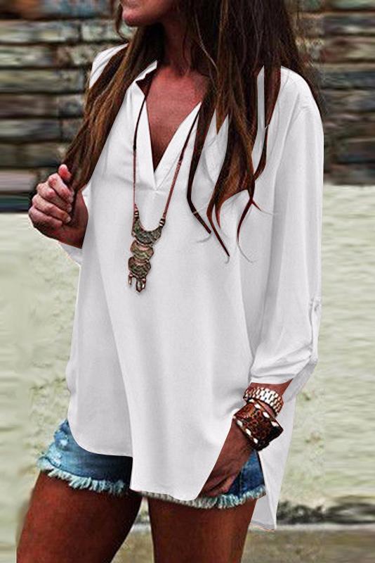 Deep V-neck Pure Color Long Sleeve Loose T-shirt