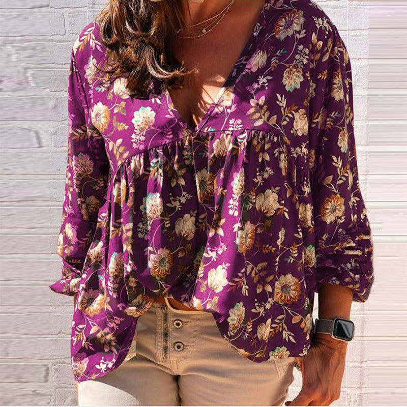 Plus Size  V-neck printed long-sleeved Top  Tops Thecurvestory