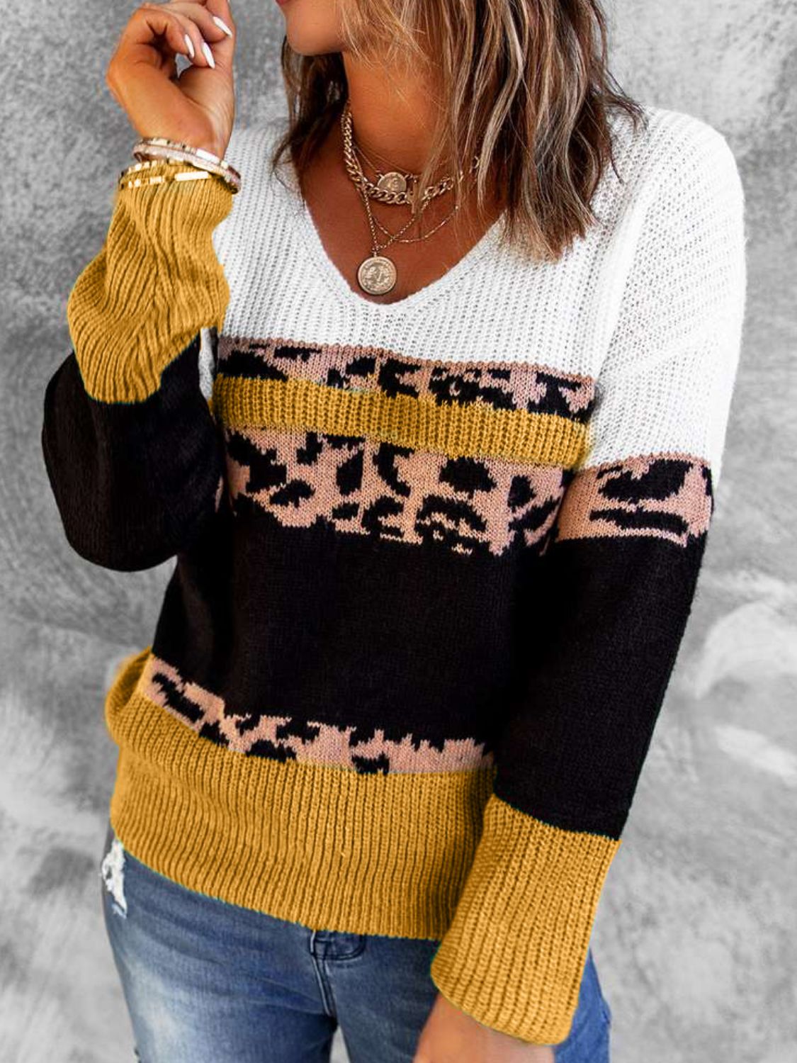 Gray Feeling The Sunshine Leopard Color Block V-Neck Rib-Knit Sweater