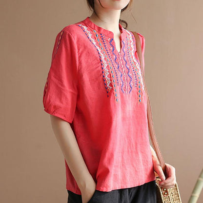 Women Loose V-Neck Cotton Linen T-Shirt