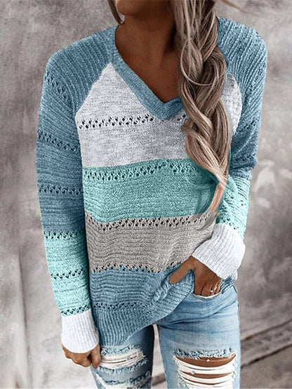 Women's Pullover Sweater jumper Jumper Crochet Knit Knitted Color Block V Neck Stylish Casual Outdoor Daily Winter Fall Green Blue S M L / Long Sleeve / Striped / Regular Fit / Going out - LuckyFash™