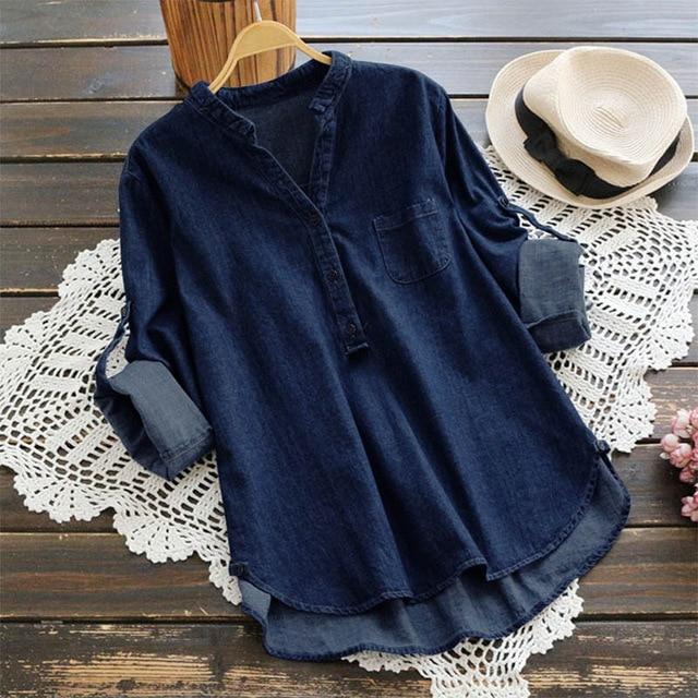 Buddha Trends Casual V Neck Denim Blouse