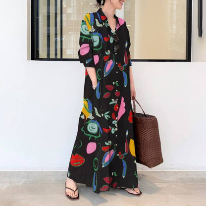 Buddha Trends Dress Abstract Art Button Down Maxi Shirt Dress